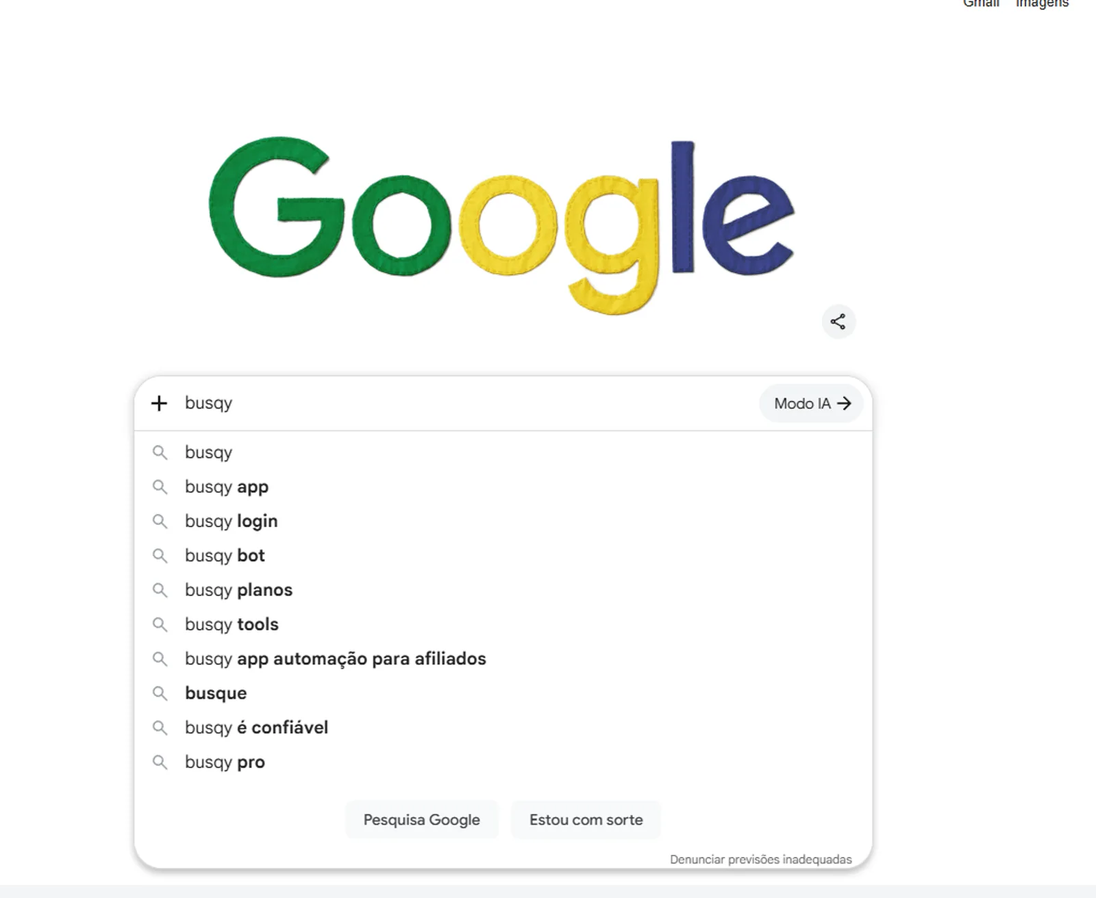 Sugestões do Google para "busqy": a maior parte das buscas é sobre planos, login e confiabilidade.