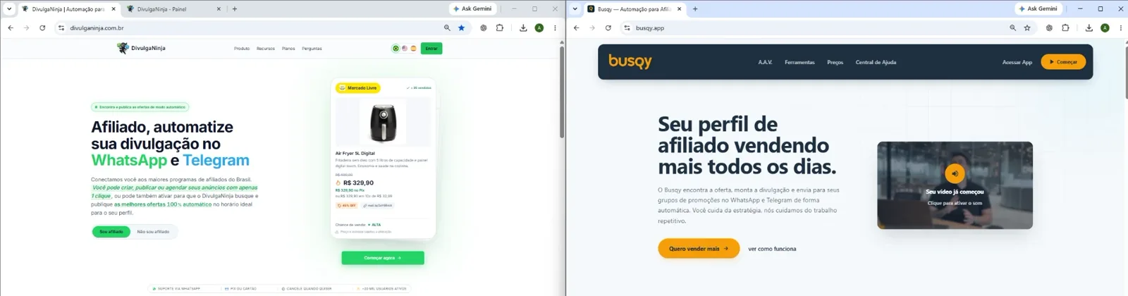 Páginas iniciais lado a lado: DivulgaNinja (esquerda) e Busqy (direita), conforme publicado por cada empresa.