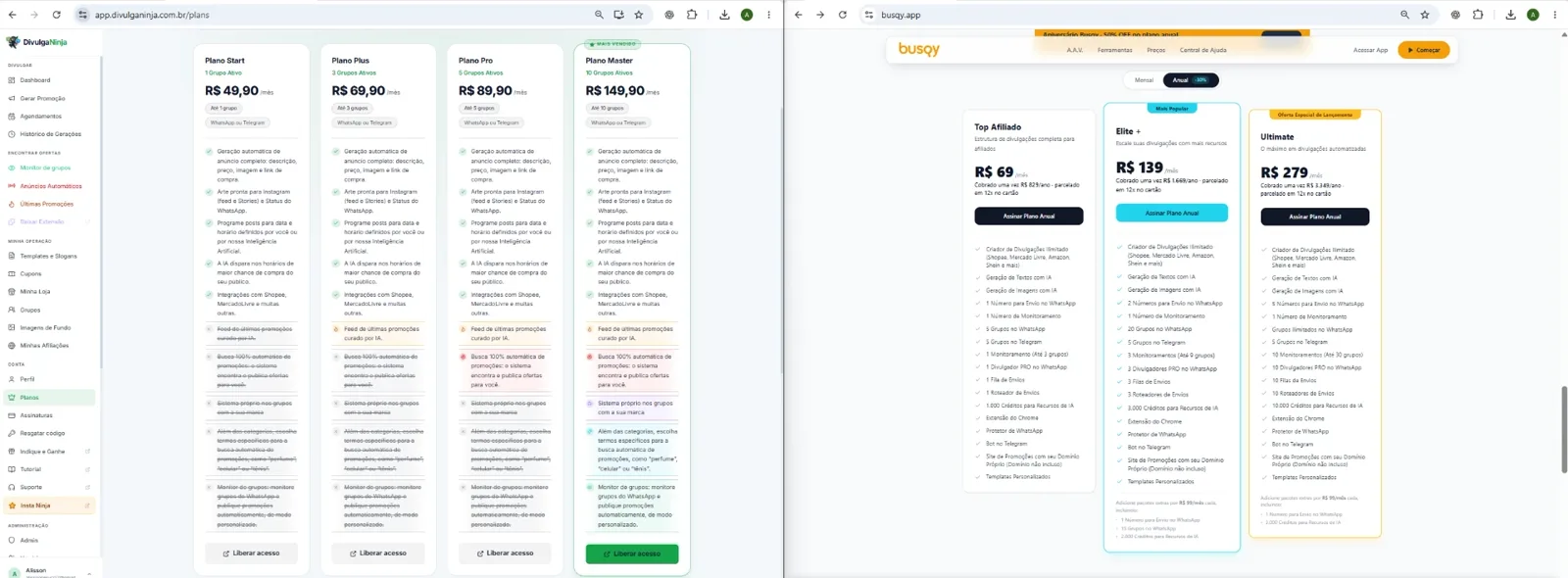 Páginas de planos de cada ferramenta, com os valores e itens publicados por cada empresa.