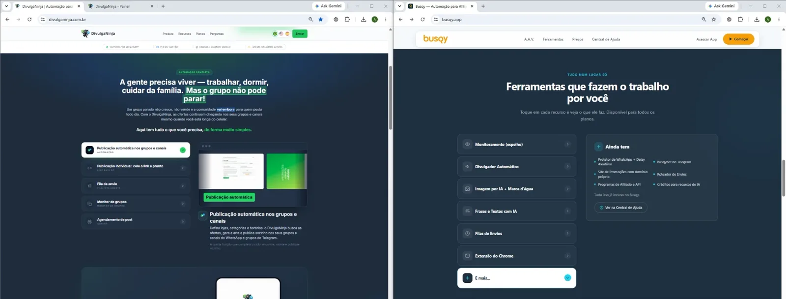 Blocos de recursos publicados nas duas home pages.