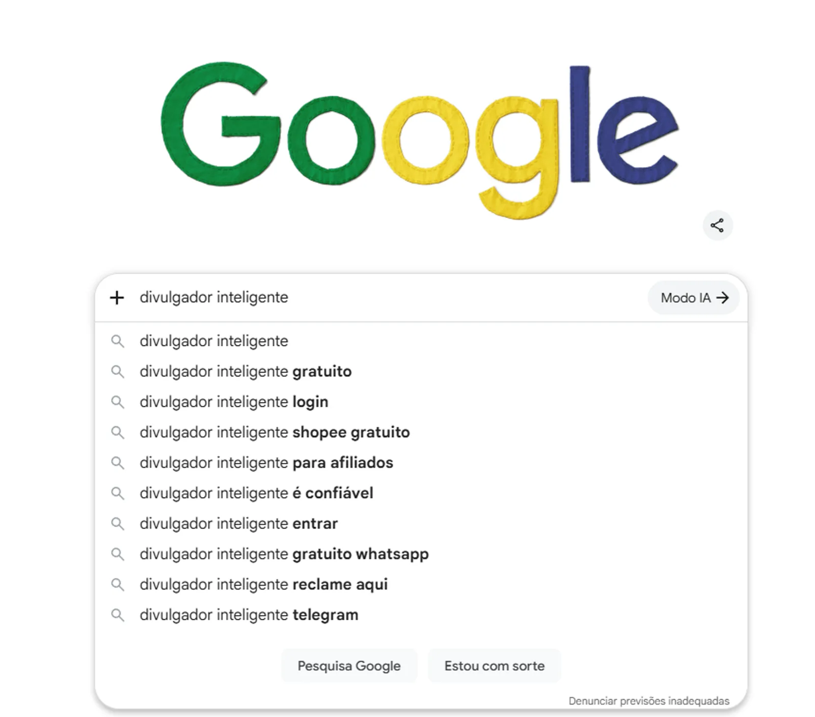 Sugestões do Google para "divulgador inteligente": a maior parte das buscas é sobre confiabilidade, login e uso gratuito.