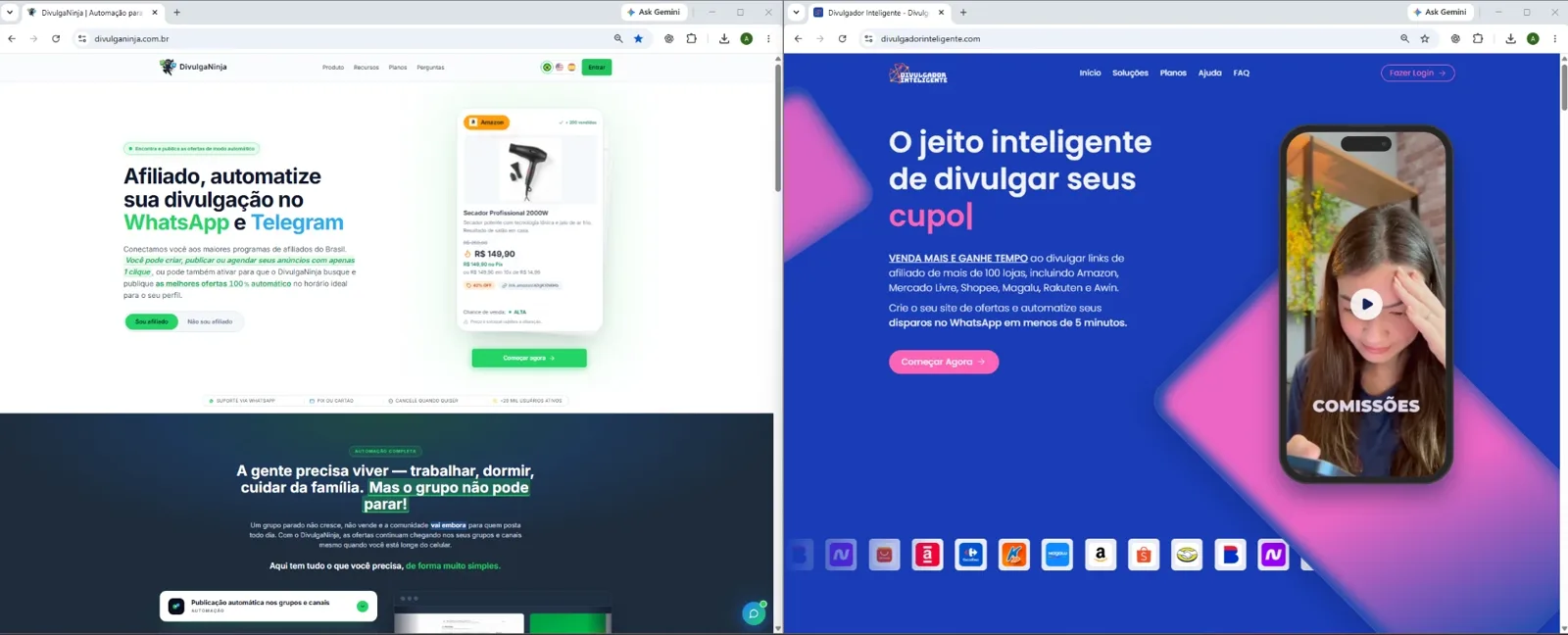 Páginas iniciais lado a lado: DivulgaNinja (esquerda) e Divulgador Inteligente (direita), em captura de fevereiro de 2026.