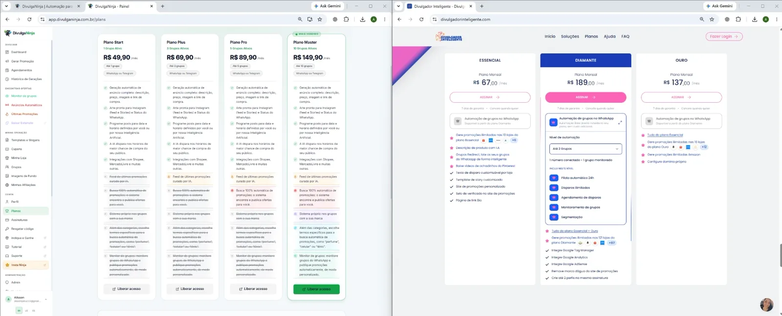 Páginas de planos de cada ferramenta, com os valores e itens publicados por cada empresa.