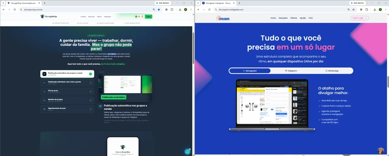 Blocos de recursos publicados nas duas home pages.